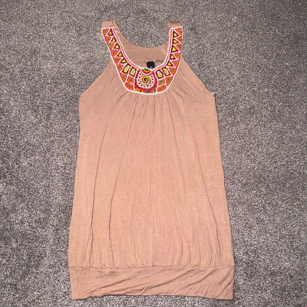 Joyce Leslie Women's Dark Tan Sleeveless Tank Top w/ Beaded Neckline